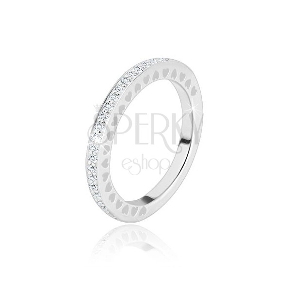 925 silver wedding ring - clear glittery zircons, tiny heart cuts-out