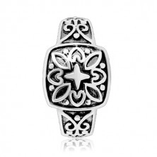 925 silver ring - decorative square and carved arms with patina