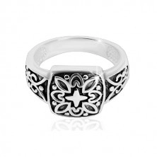 925 silver ring - decorative square and carved arms with patina