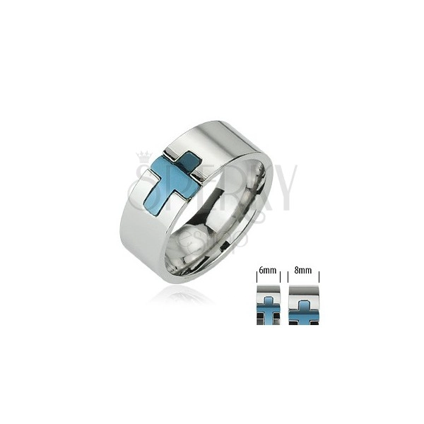 Stainless steel ring with blue cross