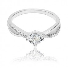 Engagement ring, 925 silver, wavy intertwined shoulders, clear zircon