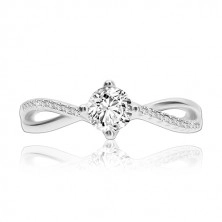 Engagement ring, 925 silver, wavy intertwined shoulders, clear zircon