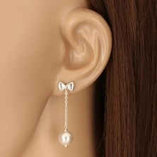 925 siver chain earrings - glossy bow and ball of white colour, studs
