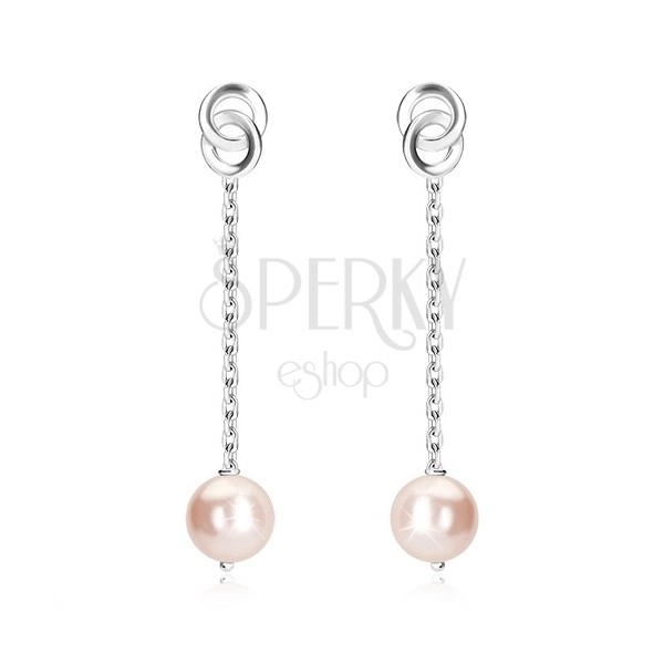 925 silver chain earrings - light-pink ball, glossy chain, two circles enmeshed together