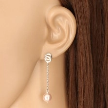 925 silver chain earrings - light-pink ball, glossy chain, two circles enmeshed together