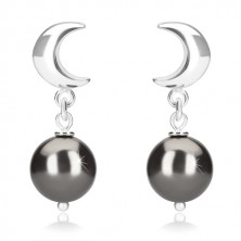 925 silver earrings - glossy half-moon and ball of hematite colour, studs