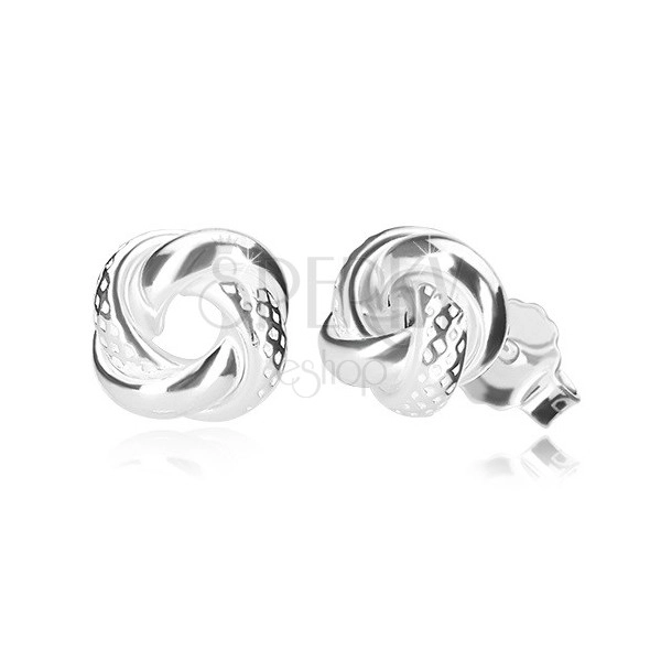 925 silver earrings - glossy knot with assymetric dints, stud fastening