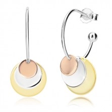 925 silver earrings - glossy arch and three circles of copper, silver and gold colour