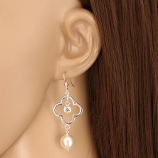 Hanging earrings made of 925 silver - contour of four-leaf, zircon, ball, Afrohook