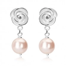 925 silver earrings - white rose, round rings, light-pink ball