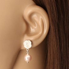 925 silver earrings - white rose, round rings, light-pink ball