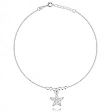 925 silver ankle bracelet - star with zircons, glossy balls, angular chain