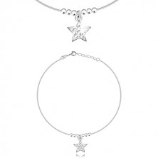 925 silver ankle bracelet - star with zircons, glossy balls, angular chain