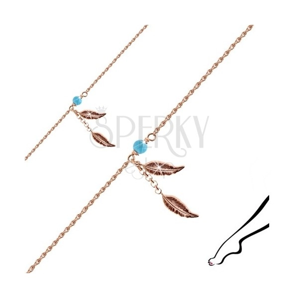 925 silver ankle bracelet of copper colour - two oblong leaves, ball of blue colour
