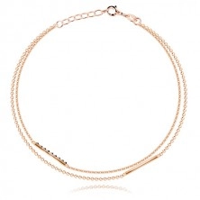 Silver ankle bracelet - dual chain, zircons, stripes, copper colour