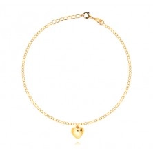 Ankle bracelet of silver gold colour - glossy heart, black zircon