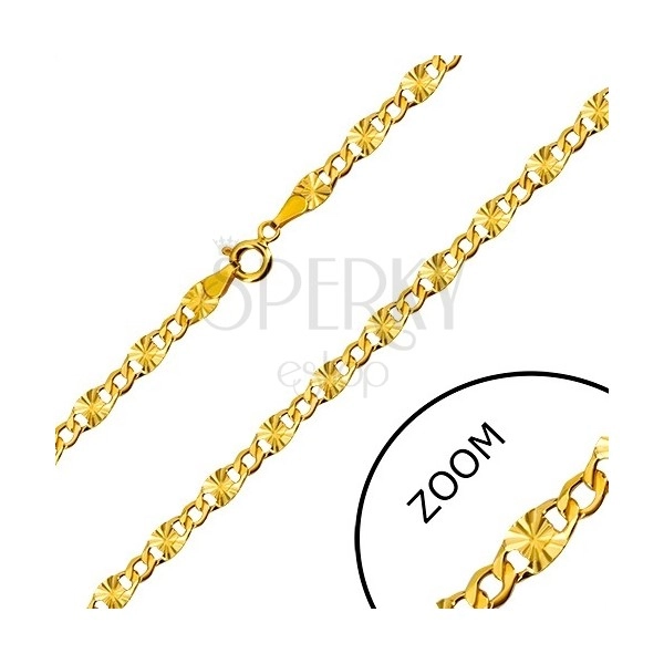 Yellow 14K gold chain - flat rings, stellular cuts, hexagonal rings, 500 mm