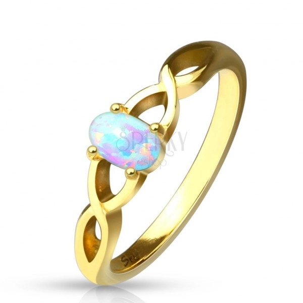 Steel ring of gold colour - synthetic opal with rainbow reflections, shoulders intertwined together