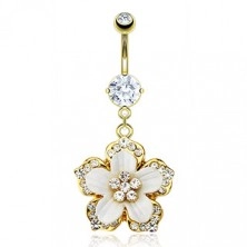 Stainless steel belly piercing of gold colour - hanging Hawaiian flower, white petals, clear zircons