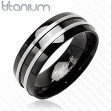 Black titanium ring - two narrow silver stripes