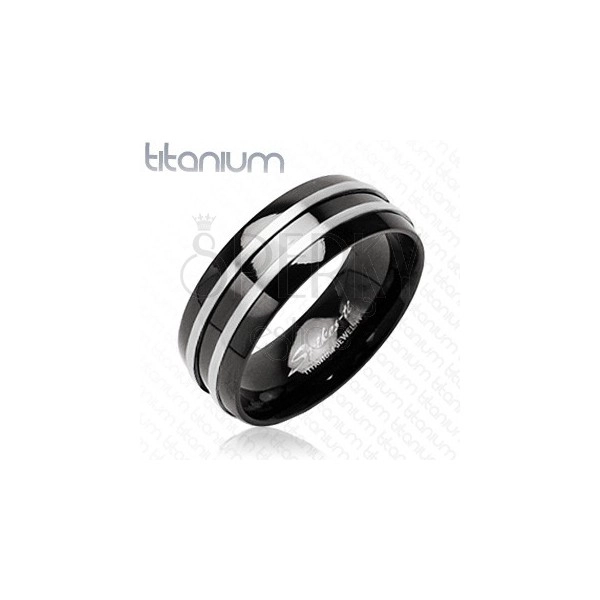 Black titanium ring - two narrow silver stripes