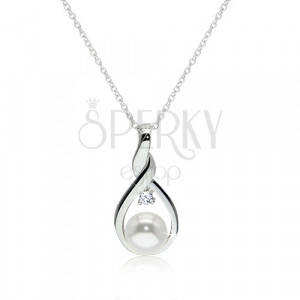 925 silver necklace - contour of twisted tear with a white pearl and a clear zircon in the center