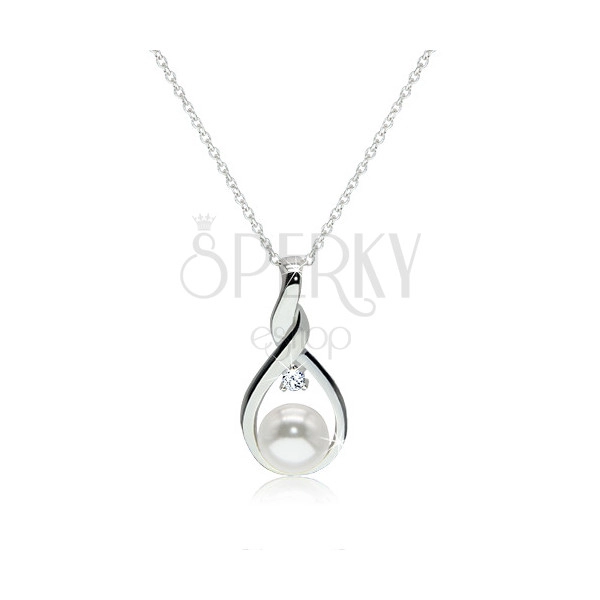 925 silver necklace - contour of twisted tear with a white pearl and a clear zircon in the center