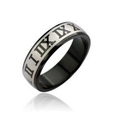 Surgical steel ring - black colour, Roman numerals