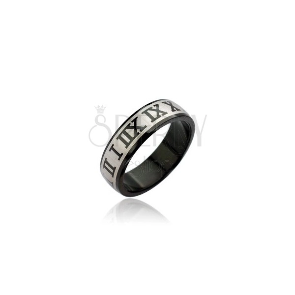 Surgical steel ring - black colour, Roman numerals