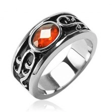 Stainless steel ring - orange rhinestone and ornaments
