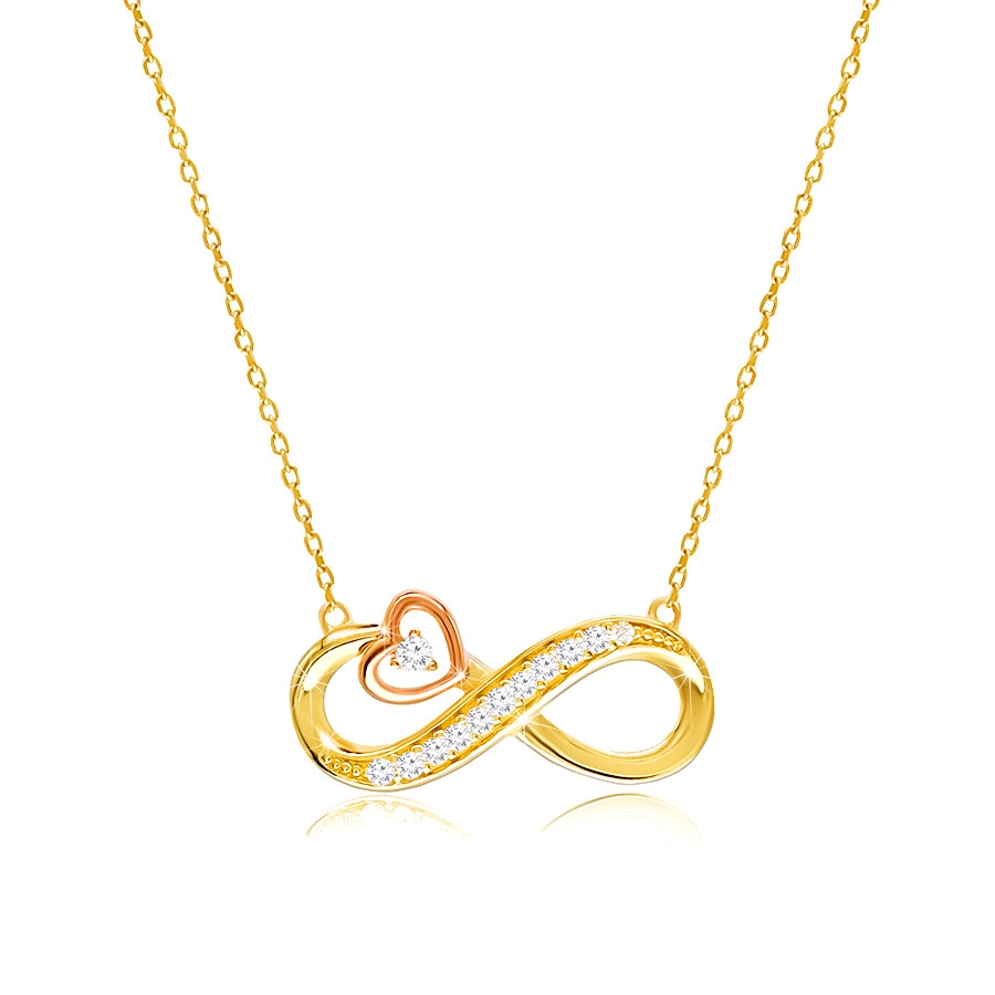 14K combined gold necklace – infinity symbol decorated with clear zircons,  heart contour