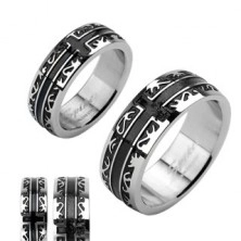 Surgical steel ring - black engraved ornament, cross