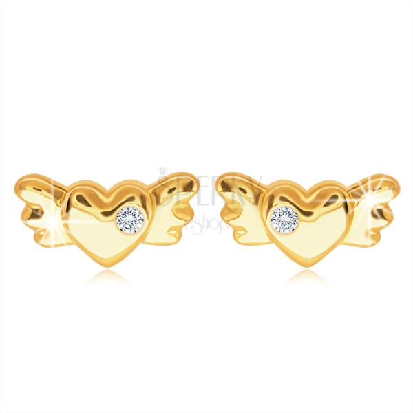 9K Golden stud earrings – full symmetrical heart with wings and a clear zircon