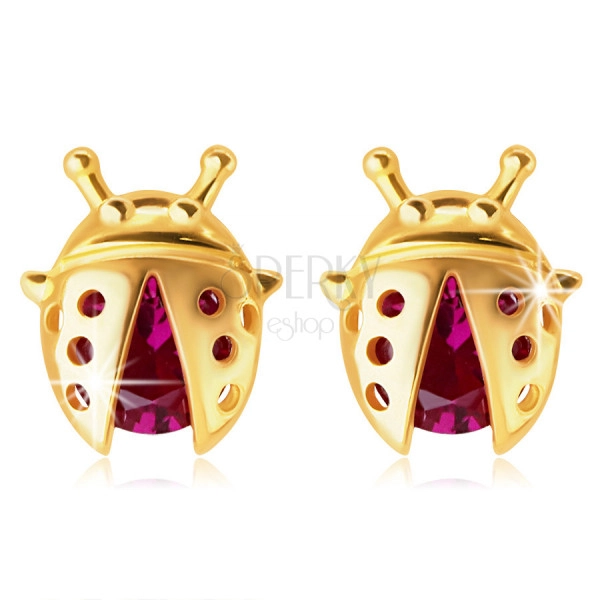9K Golden earrings – a ladybird with dots and a belly in pink-red zircon