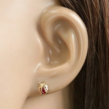 9K Golden earrings – a ladybird with dots and a belly in pink-red zircon