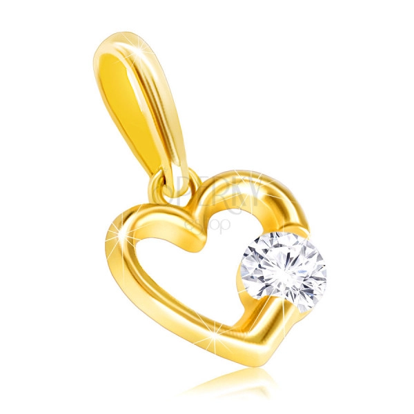 9K Yellow gold pendant – glossy contour of a heart with clear zircon
