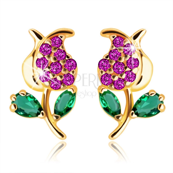 375  Golden earrings – a tulip with a stem and leaves, green and pink zircons