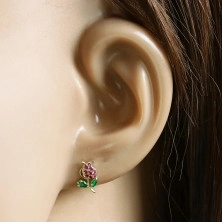 375  Golden earrings – a tulip with a stem and leaves, green and pink zircons