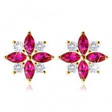375 Golden earrings – a flower with pink-red and clear zircon petals