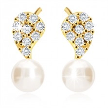 375 Golden earrings – a leaf with clear zircons and a white pearl