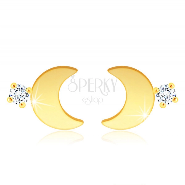 14K Gold earrings – glossy half-moon shaped, a clear zircon