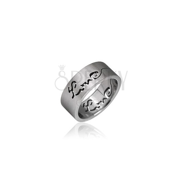 Surgical steel ring with cut-out LOVE inscription