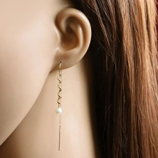 585 Golden dangling earrings – glossy spiral, white coloured pearl