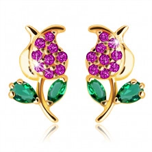14K Yellow gold earrings – a tulip with a stem and leaves, green and pink zircons