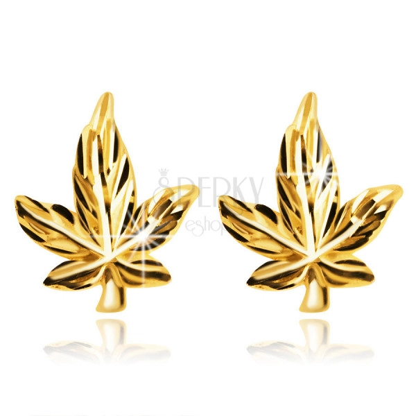 Glossy 14K gold earrings – a Cannabis leaf with veins and stem