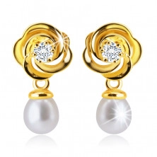 Stud earrings in 14K yellow gold – a flower with interlacing petals, clear zircon, white pearl