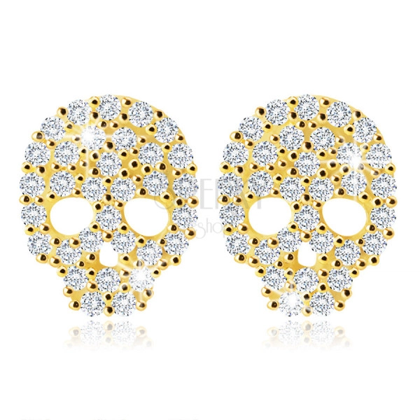 14K Yellow gold earrings – a skull with zircons in clear hue