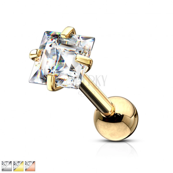Tragus steel piercing – a square shaped clear colour zircon, 6 mm