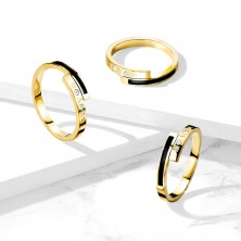 A Steel ring in golden colour – a black strip, two clear zircons, Roman numerals, 2 mm