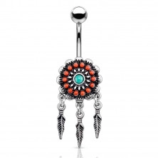 Belly button piercing made of steel – dreamcatcher, dangling feathers